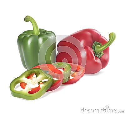 Bulgarian green and red peppers are whole and cut into pieces. Vector realistic illustration Cartoon Illustration